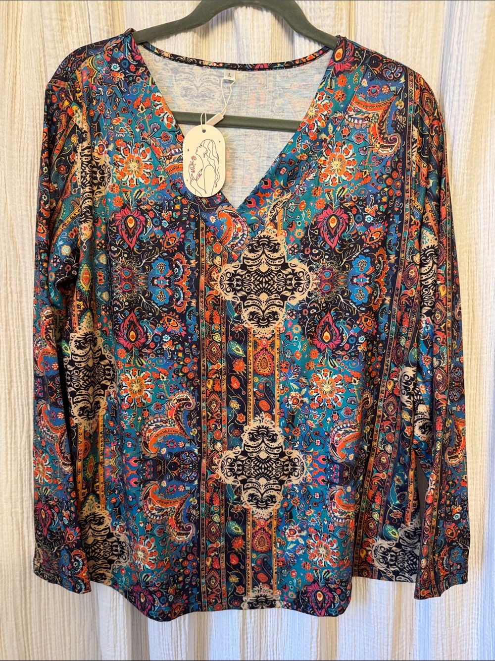 Women's Blue Teal and Black Multicolor V-Neck Long Sleeve Top